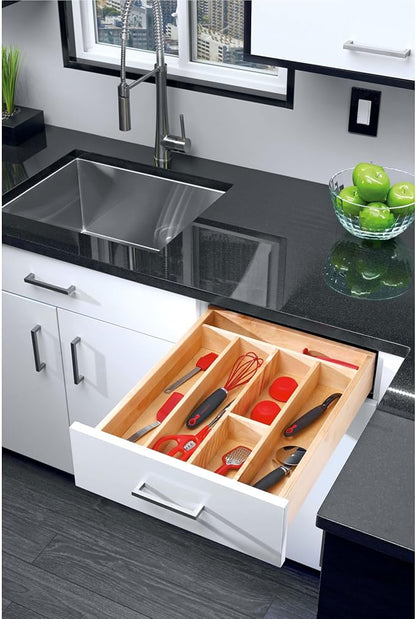 Rev-A-Shelf Trim-to-Custom-Fit Silverware Drawer Organizer For Kitchen Utensils, Cutlery Cabinet Storage Divider Insert, 23.98 x 21.97 In, Maple Wood, 4WUT-3