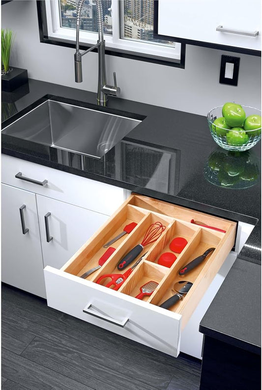 Rev-A-Shelf Trim-to-Custom-Fit Silverware Drawer Organizer For Kitchen Utensils, Cutlery Cabinet Storage Divider Insert, 23.98 x 21.97 In, Maple Wood, 4WUT-3