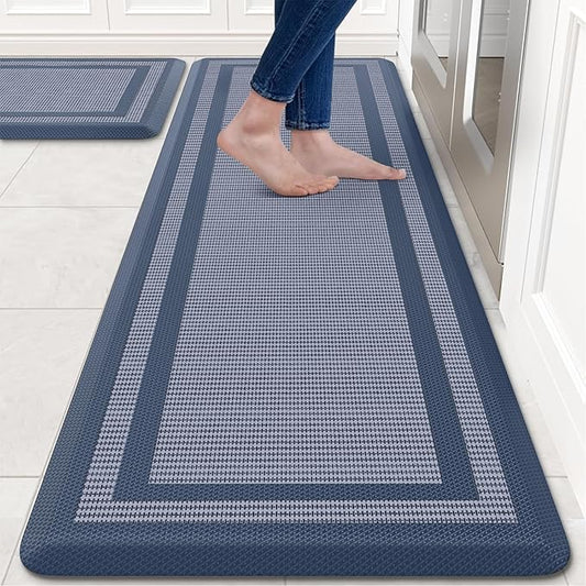 KitchenClouds [2 PCS Kitchen Rugs Cushioned Anti-Fatigue Kitchen Mats for Floor Waterproof Kitchen Rug Set Non-Slip Comfort Standing Mat for Office, Sink, Laundry 17.3"×28"+17.3"×60",Blue
