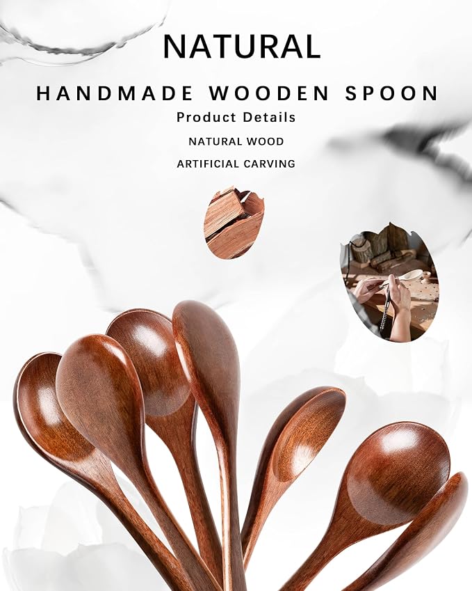 7 PCS Wooden Spoons for Honey, 6.7 inch Small Wooden Spoons - Terrific for Tea, Coffee & Soup, Little Wood Serving Table Spoon Set, Bulk Bamboo Teaspoon for Eating with Unique Design