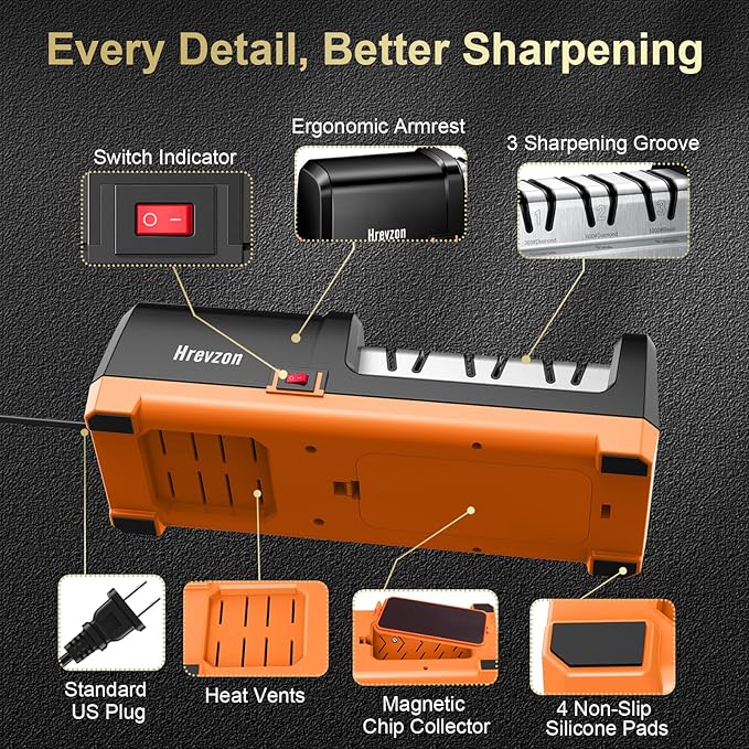 2026 New Electric Knife Sharpener for Kitchen Knives, with 100% Diamond Abrasives and Precision Angle Guides, 3-Stage Professional Automatic Quickly Sharpening/Polishing, Black/Orange