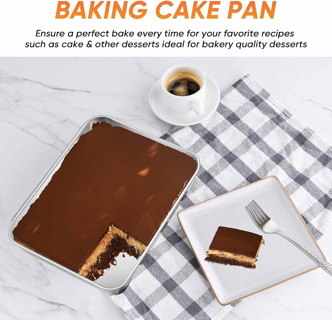 Herogo Rectangle Cake Pan Set of 2, 9 X 12 X 2 Inch Stainless Steel Baking Pan for Oven, Lasagna Brownies Casseroles Cakes Bakeware, Dishwasher Safe