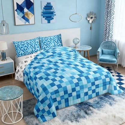Manfei Pixelated Miners Theme Comforter Set Queen Size,Geometric Check Video Games Duvet Insert Adults Bedroom Decor,Gamepad Camo Grid Bedding Set,Blue Ultra Soft Microfiber Inner Fill 3Pcs Bedding