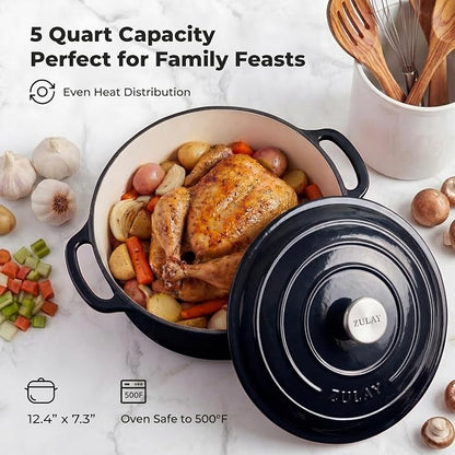 Zulay Kitchen 5 Quart Enameled Cast Iron Dutch Oven Pot with Lid – Premium Durability & Oven Safe up to 500°F – Heavy Duty Cookware Perfect for Bread Baking, Stews, Braising & Roasting – Black