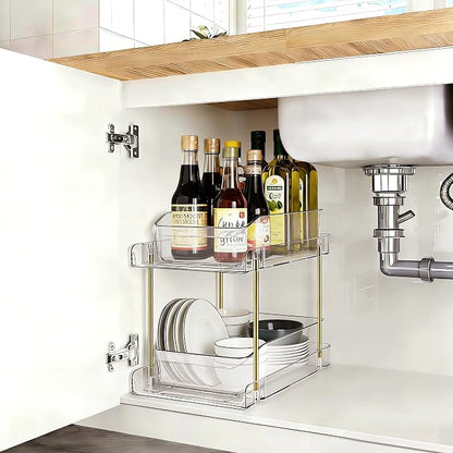 LAREKUN4pack 2-Tier Organizer & Storage Unit Stackable Bathroom Cabinet Organizer Pull-Out Kitchen Pantry Organizer & Storage System Suitable for Countertops, Pantries, Kitchens, Bathrooms