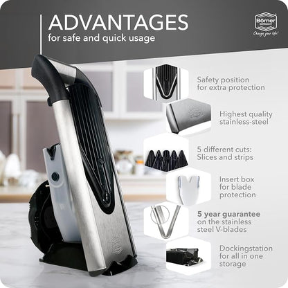Börner by Reston Lloyd Mandoline Slicer V6 (Professional Set) • Stainless Steel Slicer with V-Blade • Adjustable Kitchen Slicer for Vegetables & Fruits • Various Thicknesses & Grater