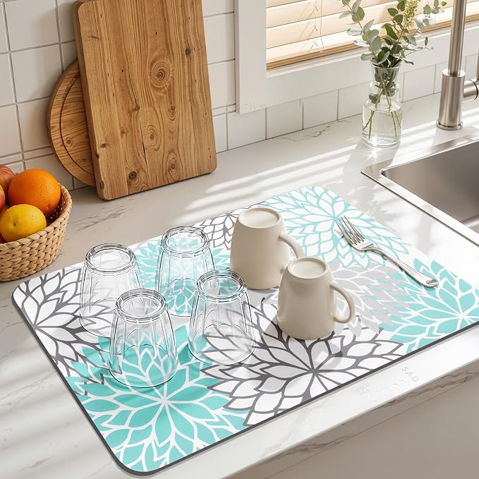Findosom 2PCS 16" x 24" Dish Drying Mat & 24" x 5.5" Sink Splash Guard, Super Absorbent & Cuttable Dish Mat Drying Kitchen Mat with Teal Floral, Hide Stain Drying Mat for Kitchen Counter