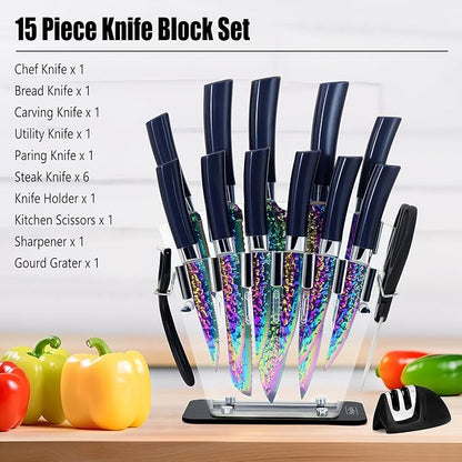 15pcs Blue Kitchen Knife Set, Rainbow Titanium Knife Block Set, High Carbon Stainless Steel Knives Set for Kitchen, Professional Chef Knife Sets for Kitchen with Sharpener Acrylic Block, Best Gift
