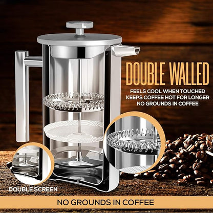 Utopia Kitchen 304 Grade Stainless Steel French Press Coffee Maker 12 Oz, Double Wall Insulated Coffee Press with 4-Level Filtration system, Include 2 Extra Filters, Rust-Free, Dishwasher Safe, Silver