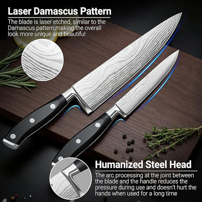 2PCS Chef Knife Set, Razor Sharp Japanese Kitchen Knife Set, High Carbon Steel Damascus Pattern Chef's knives, Cooking Knife with Full Tang Handle Design for Home Kitchen