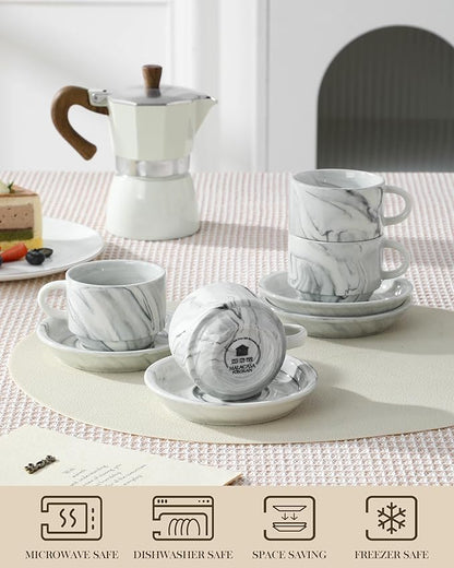 MALACASA 4 OZ Porcelain Espresso Cups with Saucers and Metal Stand Set of 4, Stackable Cappuccino Cups, Marble Gray Expresso Shots Cup Set for Coffee Drinks, Latte, Tea