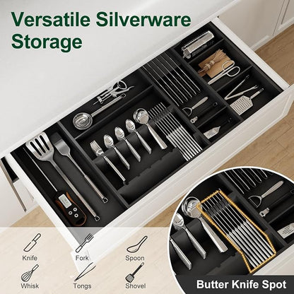 Bamboo Silverware Drawer Organizer, 17.72-29.53 Inch Expandable Large Kitchen Drawer Organizer, 5-8 Slot Flatware with Removable Card Slots & Knife Block for Spoon Butter Knive, Black