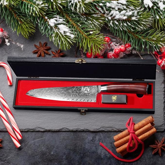 MITSUMOTO SAKARI 7.5-Inch Japanese Santoku Knife, VG-10 Damascus Steel | Wide Santoku blade for slicing, dicing and mincing, 67-layer VG-10 Damascus steel for daily kitchen prep