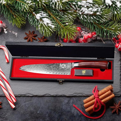MITSUMOTO SAKARI 7.5-Inch Japanese Santoku Knife, VG-10 Damascus Steel | Wide Santoku blade for slicing, dicing and mincing, 67-layer VG-10 Damascus steel for daily kitchen prep