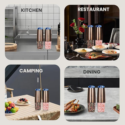 Rechargeable Salt And Pepper Grinder Set with LED Light, Automatic Electric Gravity Salt And Pepper Shakers Set, No Battery Needed, Adjustable Roughness, 2 Pack (Copper)