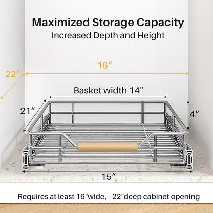 Pull out Cabinet Organizer, 15"W X 21"D, Heavy Duty Smooth Sliding Under Cabinet Shelves for Pots and Pans, Full-Extension Roll out Drawers, Slide out Organization for Home Kitchen Pantry
