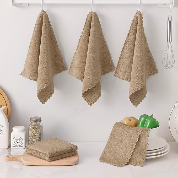 Kitinjoy 24 Pack Kitchen Cloths Dish Towels (10" x 10", Tan), Super Soft and Absorbent Dish Cloths, Nonstick Oil Fast Drying Coral Velvet Microfiber Cleaning