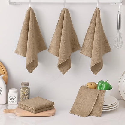 Kitinjoy 24 Pack Kitchen Cloths Dish Towels (10" x 10", Tan), Super Soft and Absorbent Dish Cloths, Nonstick Oil Fast Drying Coral Velvet Microfiber Cleaning