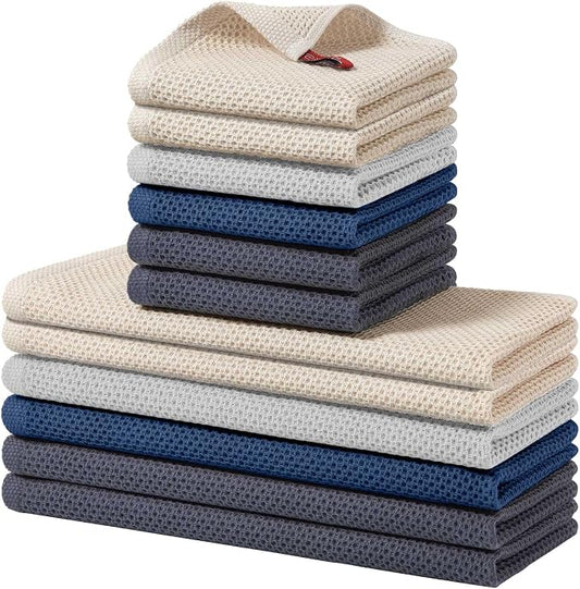 Homaxy 100% Cotton Kitchen Towels and Dishcloths Set, 12 x 12 Inches and 13 x 28 Inches, Set of 12 Bulk Kitchen Towels Set, Ultra Soft Absorbent Dish Cloths for Washing Dishes, Multicolor