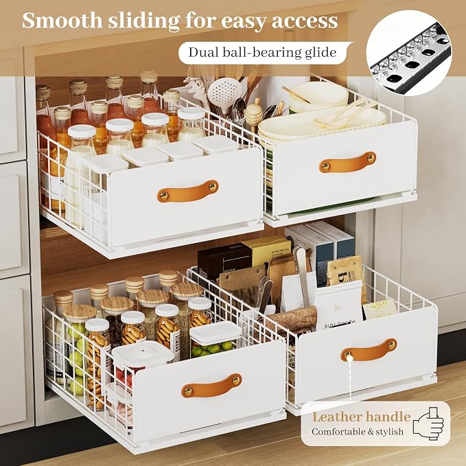 Pull Out Cabinet Organizer, No-Drill Pantry Drawers, Slide Out Shelves with Bamboo Risers for Lipped Cabinets,Ideal for Kitchen, Bathroom & Under Sink Storage (White, 11.8" Wide-15.7" Deep)