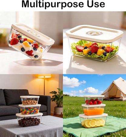Glass Vacuum Seal Containers for Food Storamge, Vacuum Container with Time Recording Disk, 3 pcs set (S, M, L), BPA-FREE, Dishwasher, Freezer & Microwave Safe Works with Handheld Vacuum Sealer Machine