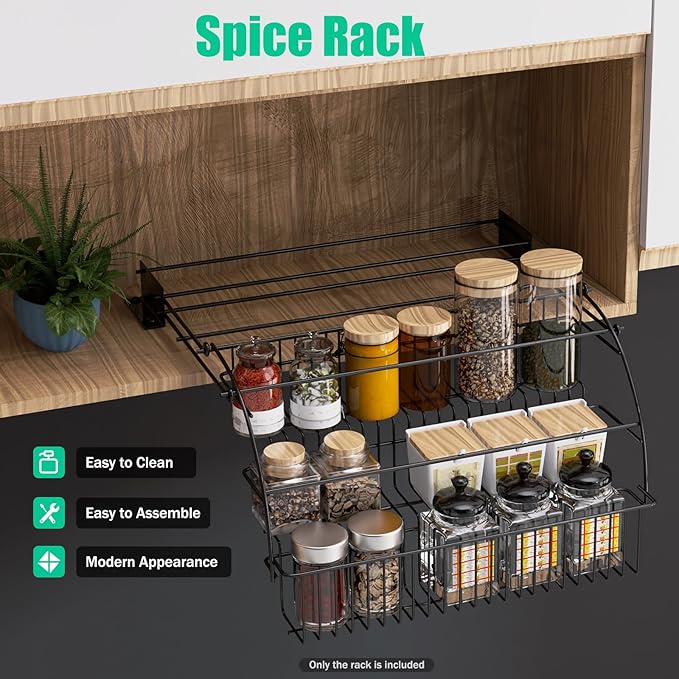 Pull Down Spice Rack for Upper Cabinets, 3-Tier Black Wire Organizer with Screw Mount for Deep Inside Storage