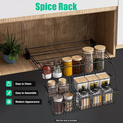Pull Down Spice Rack for Upper Cabinets, 3-Tier Black Wire Organizer with Screw Mount for Deep Inside Storage