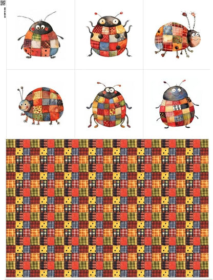 Patchwork Ladybug Cotton Fabric Panel – 6 Designs (10×10 inch Each) + Bonus Sheet 29.5×19.6 inch, 100% Cotton 140 GSM, Made in Türkiye