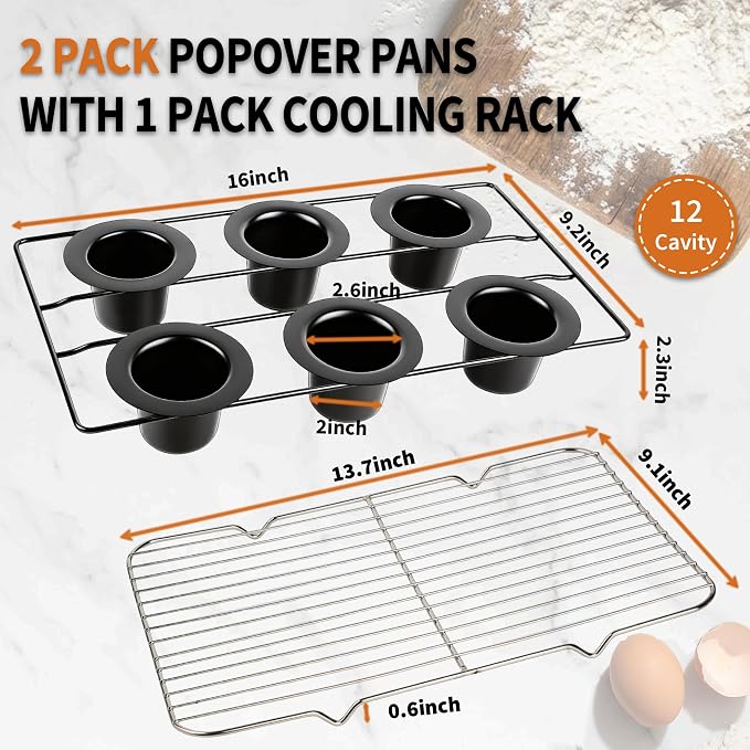 Nonstick Popover Pans, 2Pack Popover Baking Pans with Cooling Rack, 12-Cavity Pop Over & Yorkshire Pudding Pan, Individual Cups for Even Heating, Versatile for Cupcakes, Muffins, Brioche, Carbon Steel