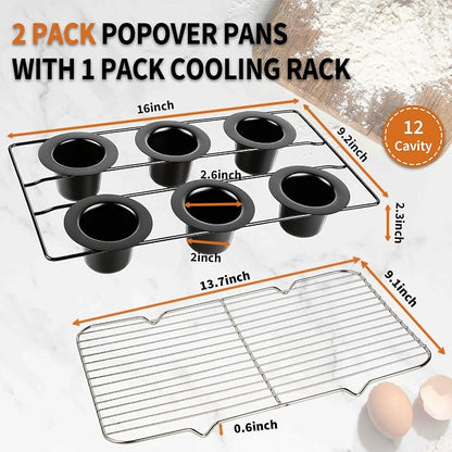 Nonstick Popover Pans, 2Pack Popover Baking Pans with Cooling Rack, 12-Cavity Pop Over & Yorkshire Pudding Pan, Individual Cups for Even Heating, Versatile for Cupcakes, Muffins, Brioche, Carbon Steel