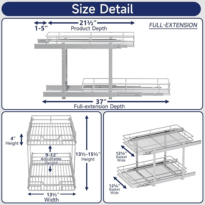 2-Tier Pull Out Cabinet Organizer, 13.5" W x 21.5" D, Heavy Duty Dual Slide Out Shelves for Base Cabinets, Chrome Wire Basket Drawer for Pantry, Kitchen & Bathroom Storage