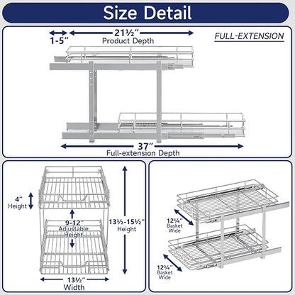 2-Tier Pull Out Cabinet Organizer, 13.5" W x 21.5" D, Heavy Duty Dual Slide Out Shelves for Base Cabinets, Chrome Wire Basket Drawer for Pantry, Kitchen & Bathroom Storage