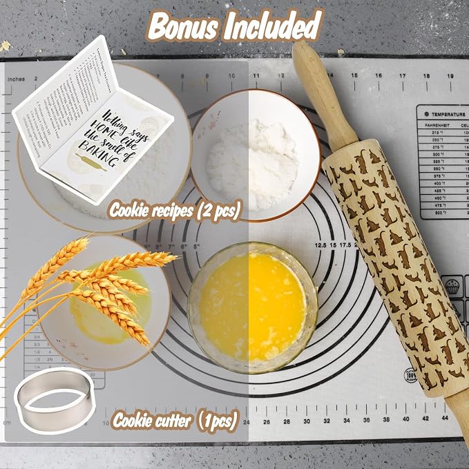 Embossed Rolling Pin for Baking Cookies Embossing Rolling Pins with Design Wooden Engraved Springerle Roller Pin Dough Animal Patterned Clay Pottery Ceramic Stamp Mold Gifts Bakers Women (Cat)