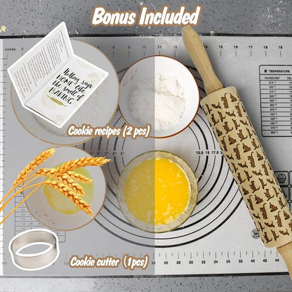 Embossed Rolling Pin for Baking Cookies Embossing Rolling Pins with Design Wooden Engraved Springerle Roller Pin Dough Animal Patterned Clay Pottery Ceramic Stamp Mold Gifts Bakers Women (Cat)