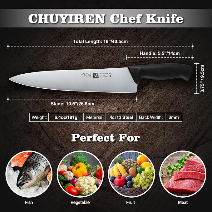 Chef Knife, Professional Kitchen Knife 10.5", Ultra Sharp High Carbon Stainless Steel Full Tang Knife with Black Ergonomic PP Handle, Japanese Chef Knife for Household and Work