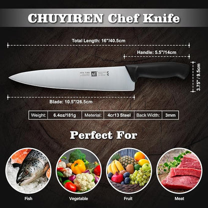 Chef Knife, Professional Kitchen Knife 10.5", Ultra Sharp High Carbon Stainless Steel Full Tang Knife with Black Ergonomic PP Handle, Japanese Chef Knife for Household and Work