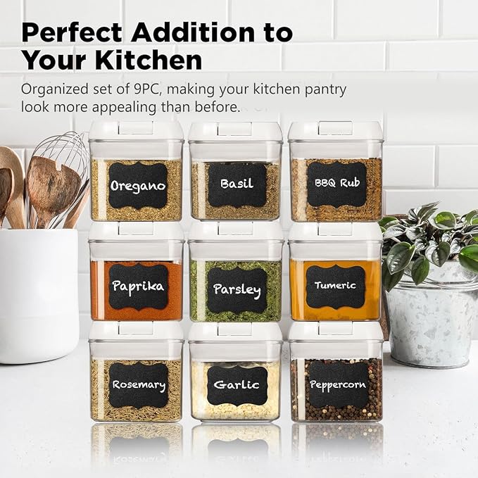 Shazo 9 PC Airtight Food Storage Containers - BPA Free Clear Plastic Snack & Spice Containers with Easy Lock Lids - Kitchen and Pantry Organization for Herbs, Coffee, Tea - 0.5L / 2.1 Cups