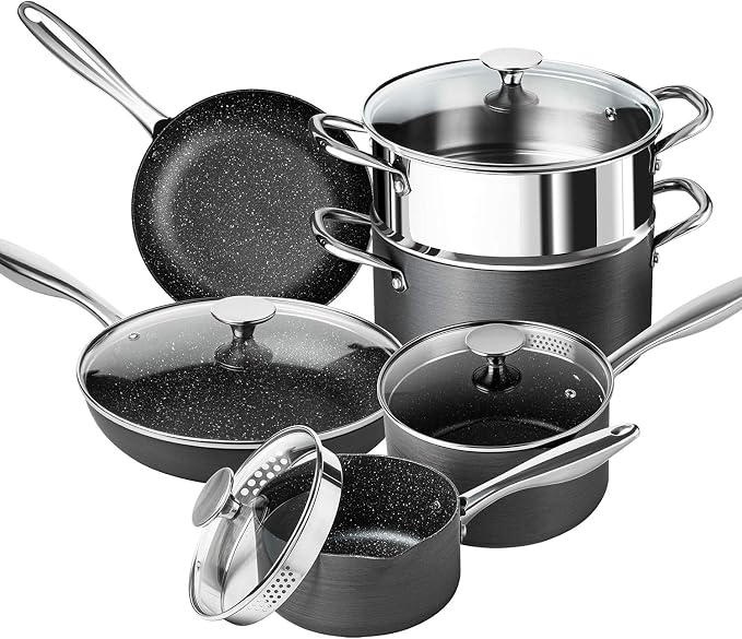 MICHELANGELO Hard Anodized Cookware Set - 10 Pcs Non Stick Pots and Pans Set with Granite Interior, Induction Cookware Set with Steamer Insert