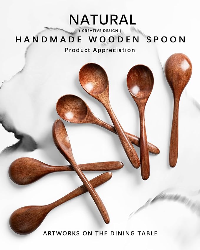 7 PCS Wooden Spoons for Honey, 6.7 inch Small Wooden Spoons - Terrific for Tea, Coffee & Soup, Little Wood Serving Table Spoon Set, Bulk Bamboo Teaspoon for Eating with Unique Design
