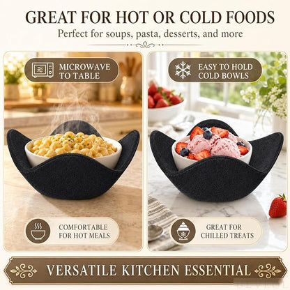 Set 2X Black 7" sq. x 4"H Polyester Microwave Bowl Holder Potholders - Microwavable Soup Bowl Cozy - Hot Pads Holders for Hot Food Quilted - Bowl Cozies for Microwave Kitchen Accessories, Gadgets