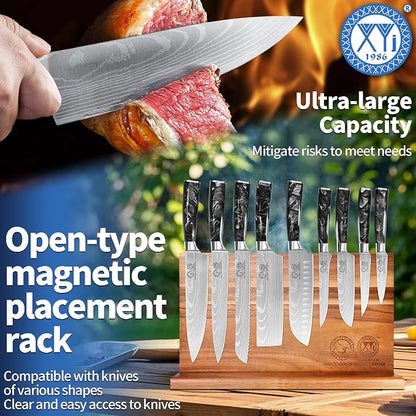 XYJ Authentic Since 1986,Knife Block Set,Professional Japanese Style Chef Knives Set with Block,Scissors,Sharpener Rod,Cutting Board,Gloves,Stainless Steel Steak Paring Bread Santoku Kitchen Knives