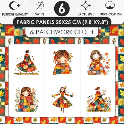 Autumn Girls Patchwork Cotton Fabric Panel – 6 Designs (10×10 inch Each) + Bonus Patchwork Sheet 29.5×19.6 inch, 100% Cotton 140 GSM