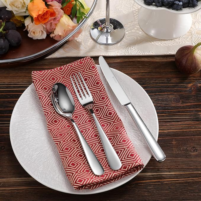 KEAWELL Premium 65-Piece Louise Silverware Set, 18/10 Stainless Steel, Service for 12, Fine Flatware Set, Smooth and Exceptional mirror finish, Dishwasher Safe (65)