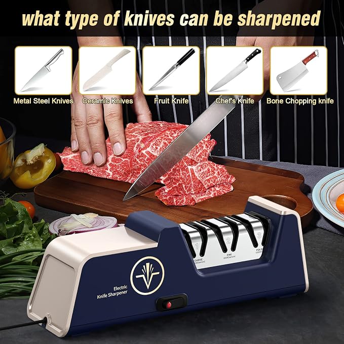 VIDOME Professional Electric Knife Sharpener with 100% Diamond Abrasives and Precision Angle Guides for Kitchen Straight Edge & Ceramic Knife, 3-Stage, Champagne Gold