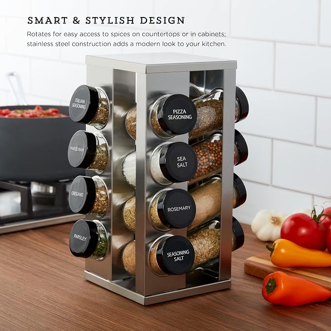 Kamenstein 16 Jar Heritage Revolving Countertop Spice Rack Organizer with Spices Included, FREE Spice Refills for 5 years, Brushed Stainless Steel with Black Caps | Revolving