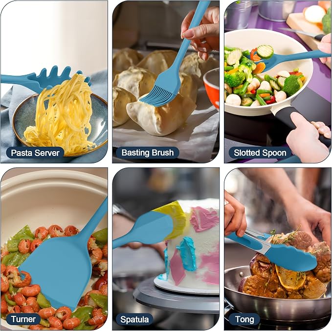 E-far Silicone Cooking Utensils Set, 25 Piece Kitchen Utensils with Holder, Non Toxic Kitchen Tools Spatula, Turner, Spoon, Ladle for Nonstick Cookware, Heat Resistant & Dishwasher Safe - Blue