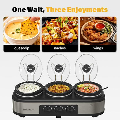Sunvivi Triple Slow Cooker Buffet Server with 10 Cooking Liners, Adjustable Temperature Settings, for Parties, Holidays and Entertaining, Dishwasher Safe, 3 * 1.5 Quarts Silver