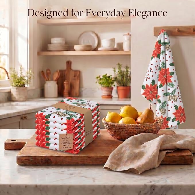 Urban Villa Christmas Kitchen Towels Pine Cone Print Multi Color, Premium Quality,100% Cotton Dish Towels Mitered Corners (Size: 20X30 Inch), Highly Absorbent Bar Towels & Tea Towels - (Set of 6)