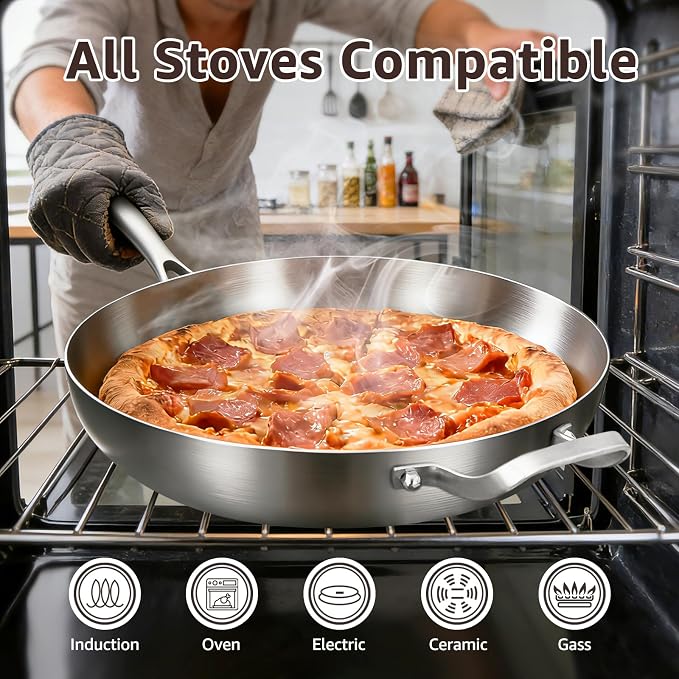 Inqibee 12 Inch Tri-Ply Stainless Steel Frying Pan with Lid and Helper Handle, Skillet, Induction Cooking Pan, Dishwasher and Oven Safe, Detachable Handle.