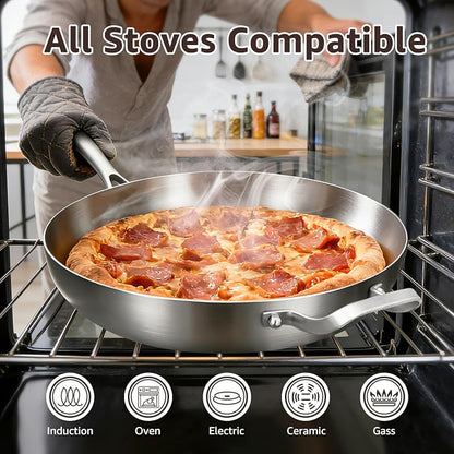 Inqibee 12 Inch Tri-Ply Stainless Steel Frying Pan with Lid and Helper Handle, Skillet, Induction Cooking Pan, Dishwasher and Oven Safe, Detachable Handle.